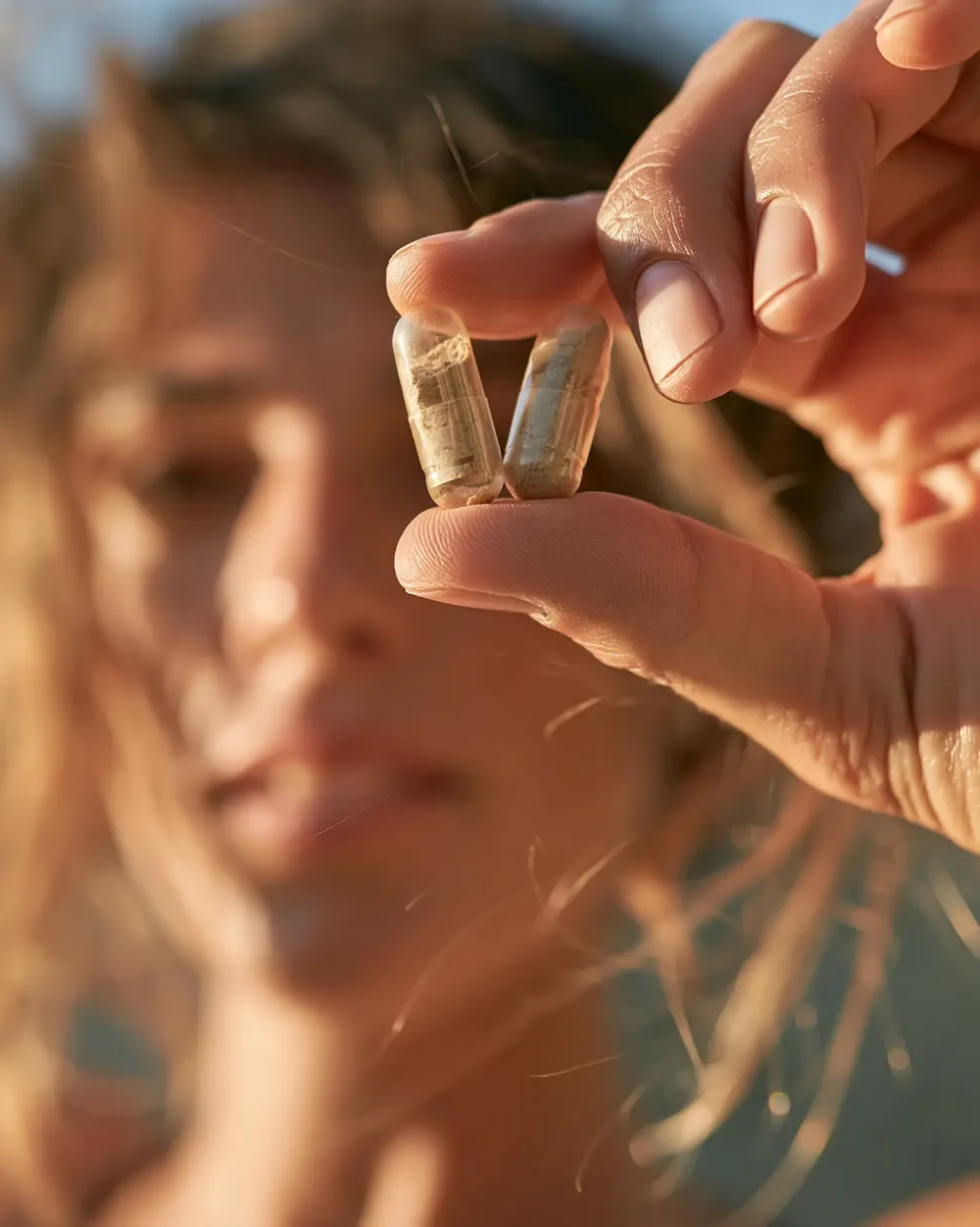 Deux gélules Mushroomssentiel Bio Immu dans la main, avec un verre d'eau
